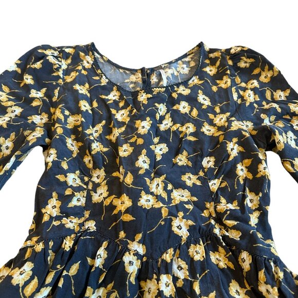 Free People 3/4 Sleeve Floral Print Dress Cotton Blend Grey Yellow Size 12 Women - Picture 2 of 12